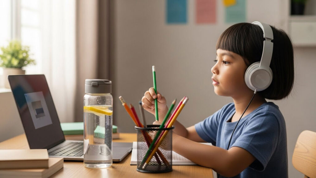 Anak Melayu menyediakan botol air, menyusun pensel dan memakai headphone sebagai rutin tenang sebelum kelas online bermula.
