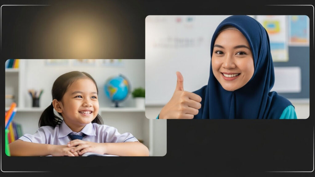Guru Melayu memberi isyarat thumbs-up di skrin kelas online sambil anak tersenyum dan merasa disokong secara emosi.