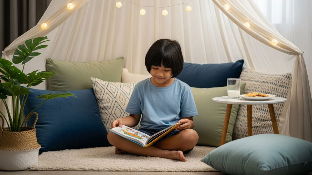 Anak Melayu membaca di sudut membaca yang cosy dengan bantal lembut dan lampu warm, membantu bina keyakinan tanpa tekanan.