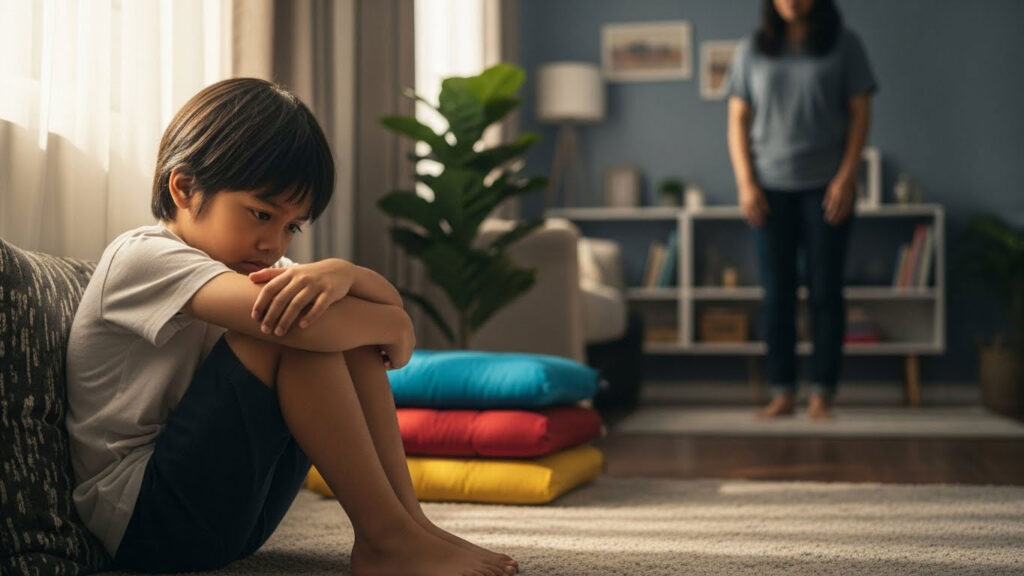 Anak Melayu duduk memeluk lutut di sudut bilik, menunjukkan tanda stres secara senyap, sementara ibu atau bapa memerhati dengan risau dari jauh.