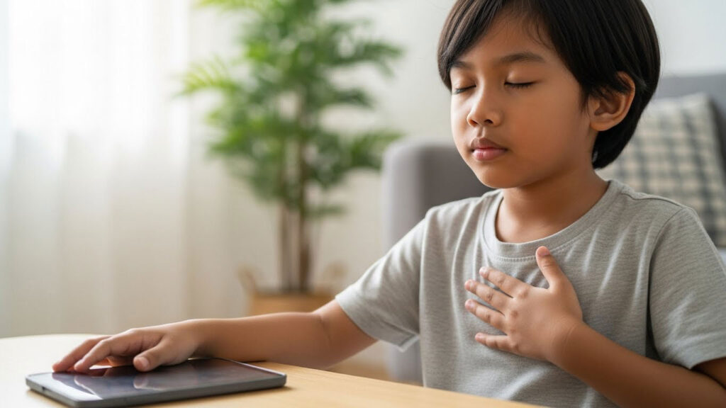 Anak Melayu meletakkan tangan di dada sambil menarik nafas perlahan, mempraktikkan teknik “pause and think” sebelum menggunakan gajet.