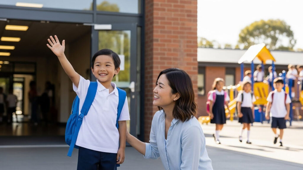 Anak beruniform melambai pada ibu bapa dengan senyuman di pintu masuk sekolah.