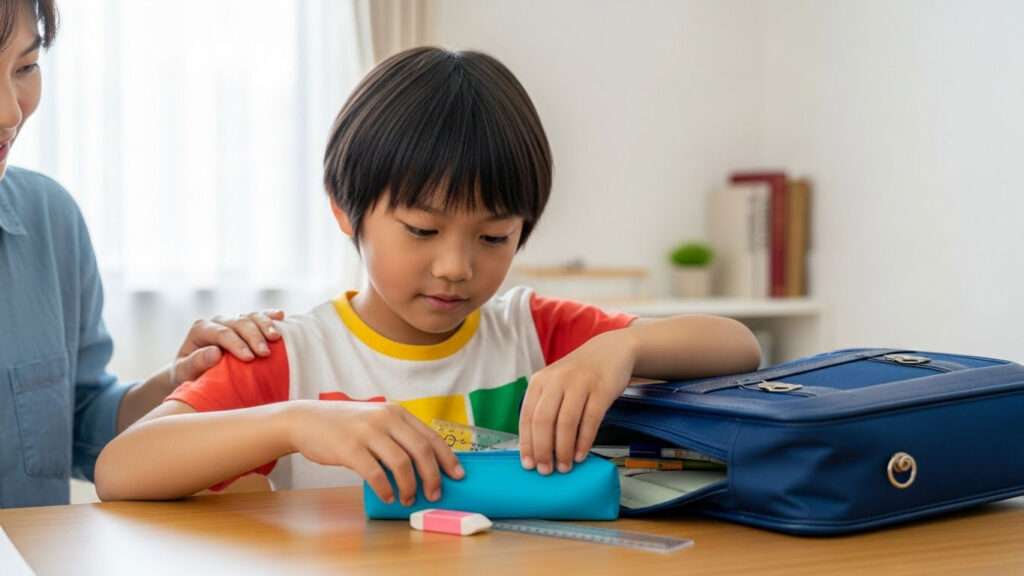 Anak menyusun alat tulis ke dalam beg sekolah dengan ibu bapa memerhati dari sisi.