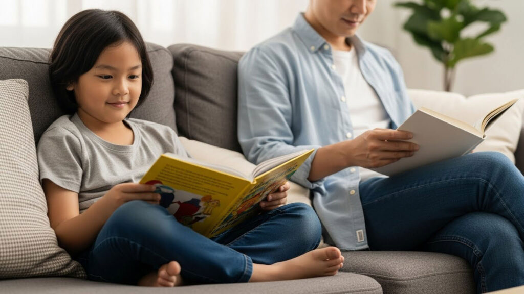 Anak membaca buku dengan tenang sementara ibu bapa duduk berdekatan dalam suasana rumah yang selesa.