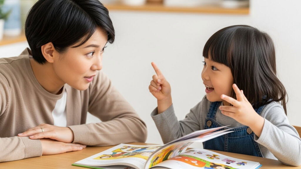 Anak menerangkan sesuatu dari buku dengan bersemangat sementara ibu bapa mendengar dengan penuh perhatian.
