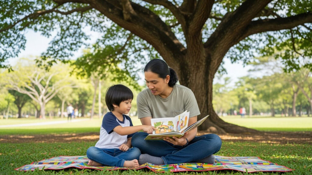 Ibu bapa dan anak membaca buku bersama di atas tikar piknik di taman yang tenang.