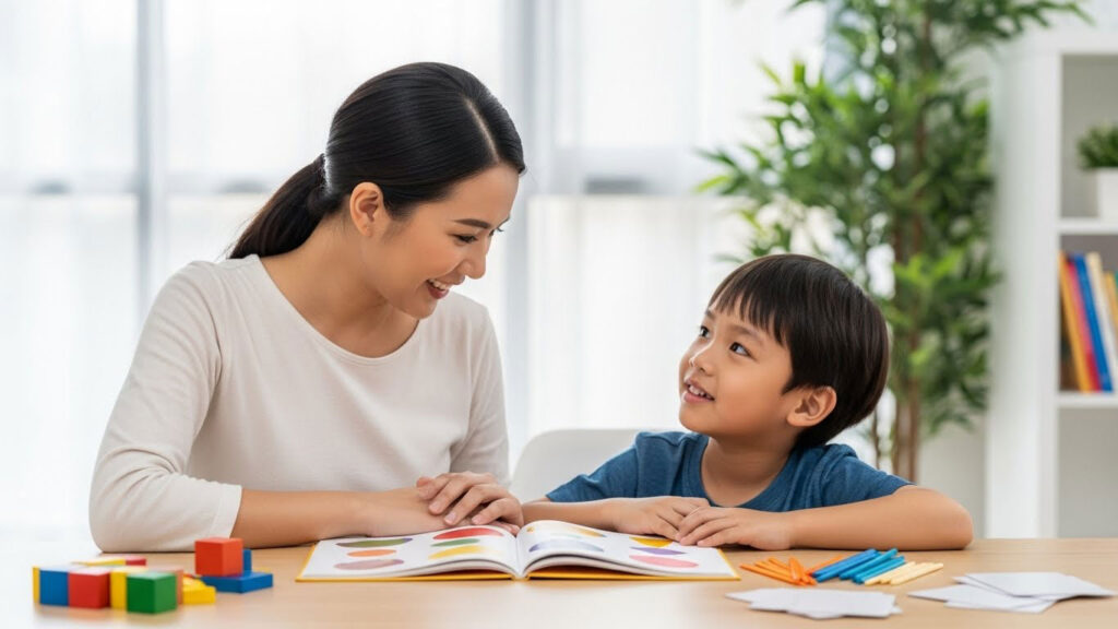 Guru membimbing seorang anak membaca secara satu-satu dalam suasana yang ceria dan kemas.