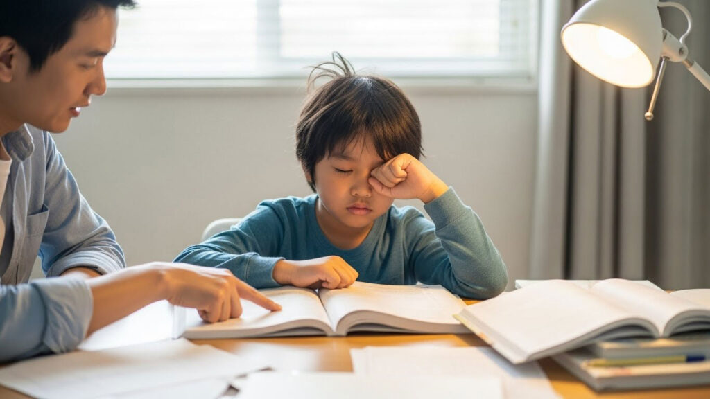 Anak 6–7 tahun kelihatan penat di meja belajar sementara ibu bapa masih meneruskan sesi.
