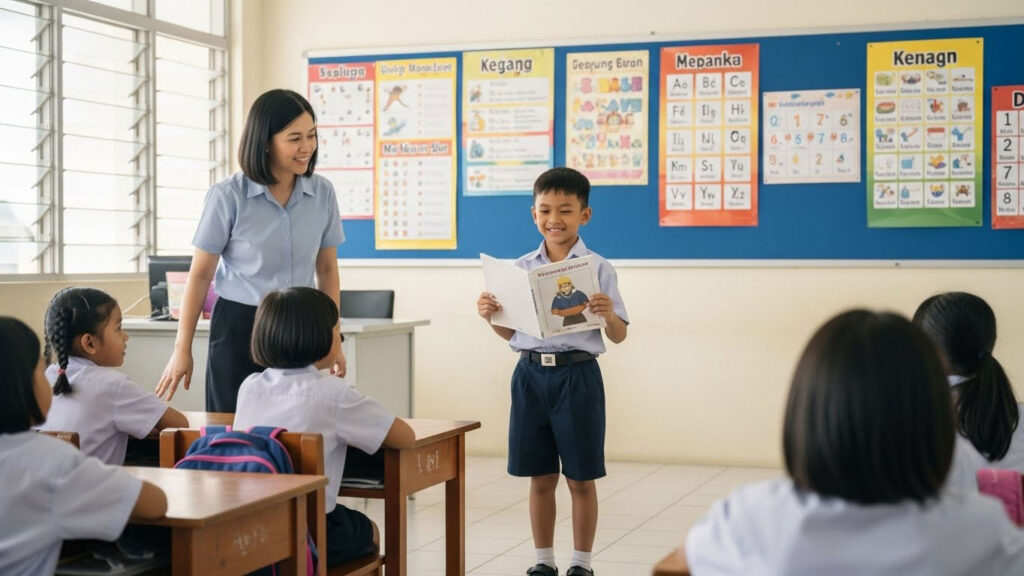Seorang murid 6–7 tahun berdiri di depan kelas memegang buku dan kelihatan yakin.