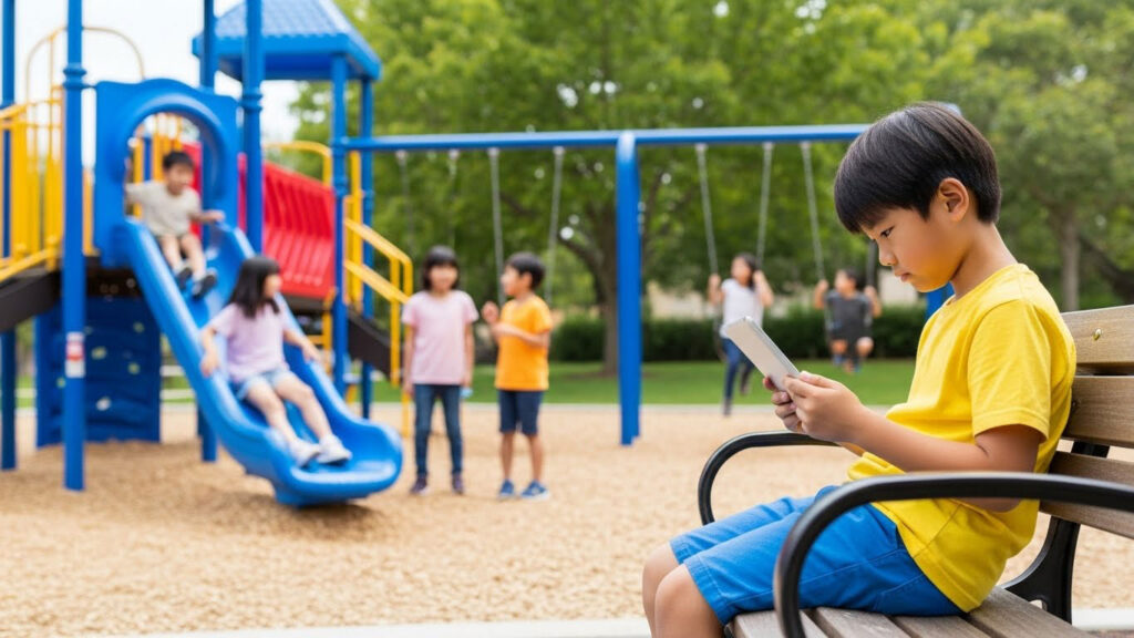 Seorang anak duduk sendiri dengan gajet di taman permainan ketika kanak-kanak lain bermain bersama.