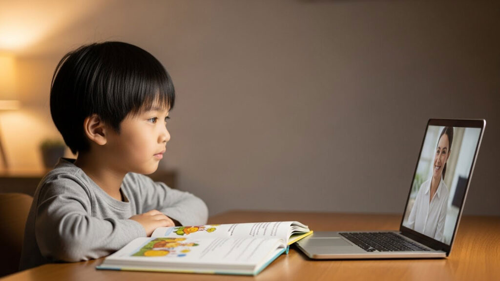 Anak mengikuti sesi kelas online satu-satu dengan guru di skrin laptop.