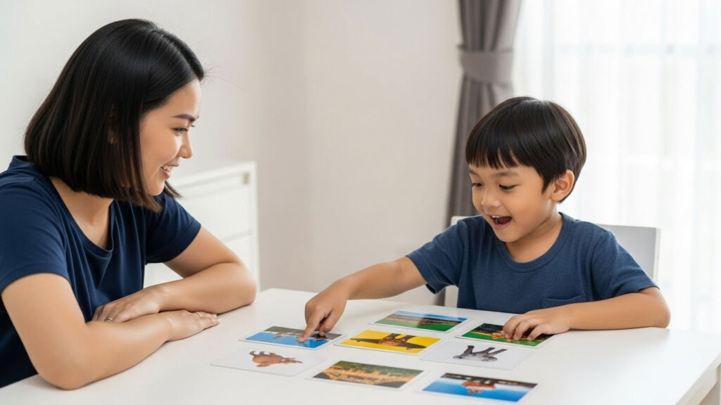 Anak 5 tahun menyusun kad bergambar di atas meja sambil bercerita dengan ibu bapa.