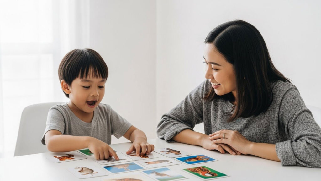 Anak 5 tahun menyusun kad bergambar di atas meja sambil bercerita dengan ibu bapa.