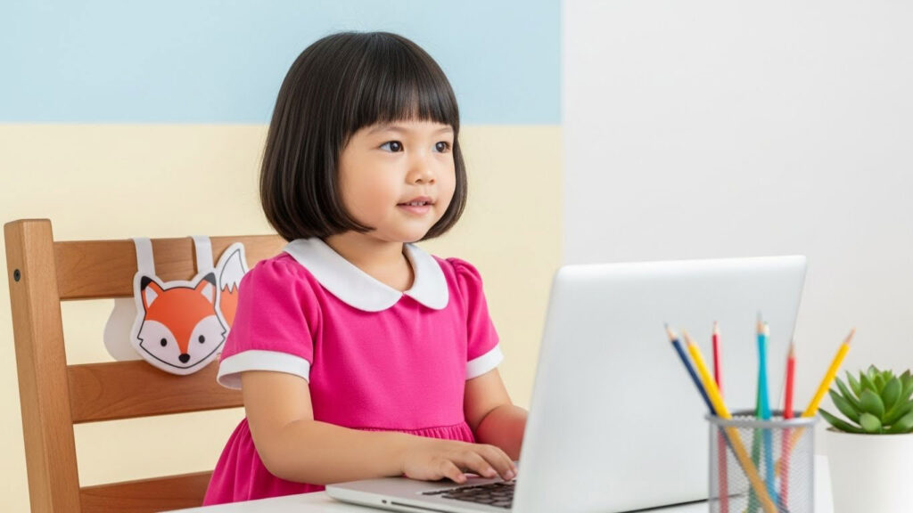 Kanak-kanak duduk di kerusi dengan tag ikon comel sebagai penanda tempat belajar semasa kelas online.