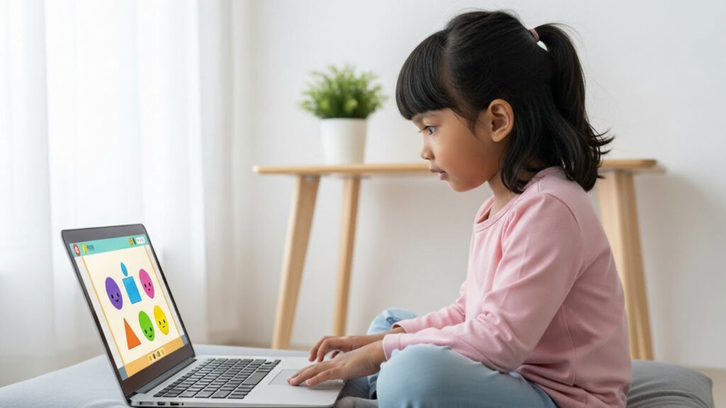 Kanak-kanak fokus di laptop dengan ikon timer ringkas dan sudut rehat kecil dalam bilik.