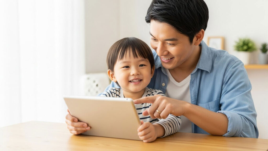 Ibu bapa dan anak menggunakan tablet bersama sambil berbual dan menunjuk sesuatu pada skrin.