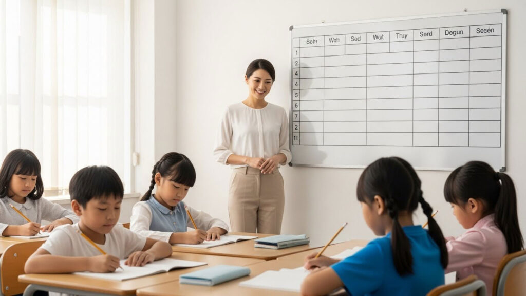 Kanak-kanak duduk kemas memulakan tugasan sementara guru memberi arahan dengan tenang di dalam kelas