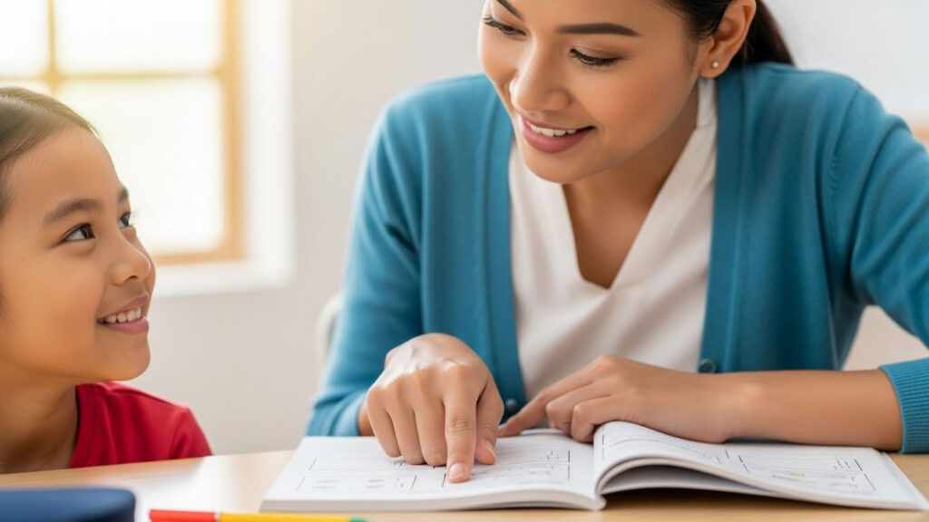 Guru memberi tunjuk ajar pada buku latihan dan anak membetulkan jawapan dengan senyuman.