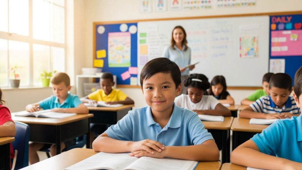 Murid kecil membaca buku di kelas dengan wajah yakin bersama rakan-rakan.