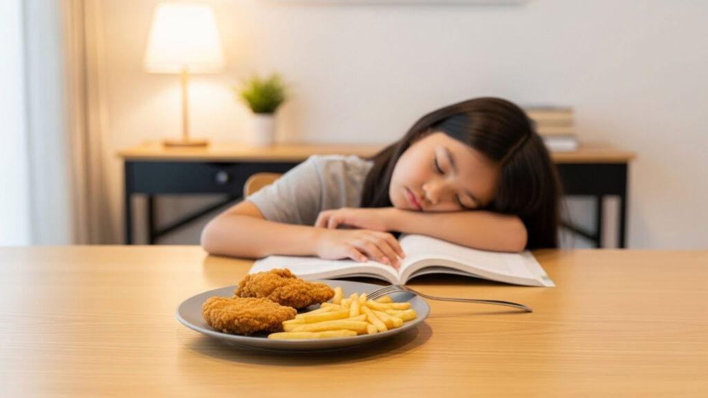Kanak-kanak kelihatan mengantuk semasa belajar selepas makan makanan bergoreng dalam rumah yang kemas.