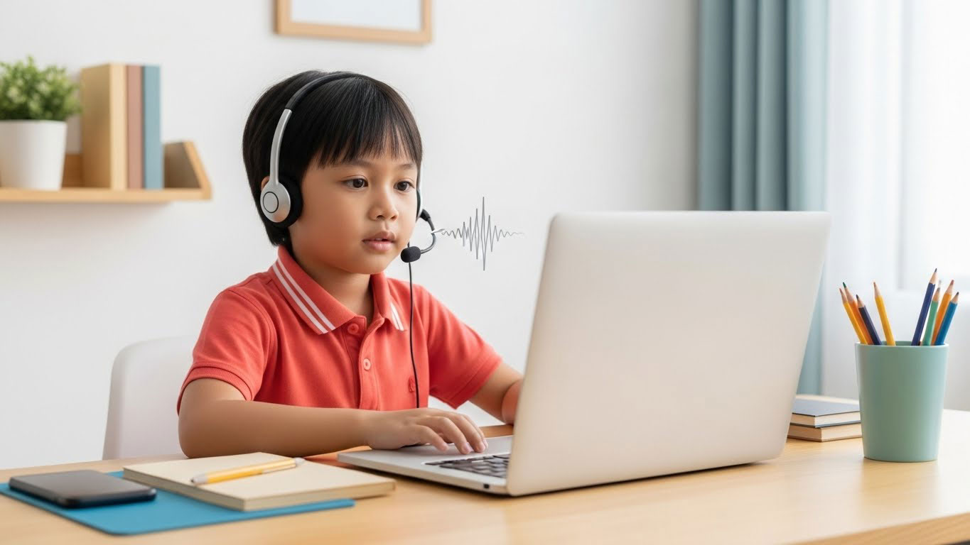 Kanak-kanak memakai headset dengan mikrofon dekat mulut semasa kelas online di laptop.