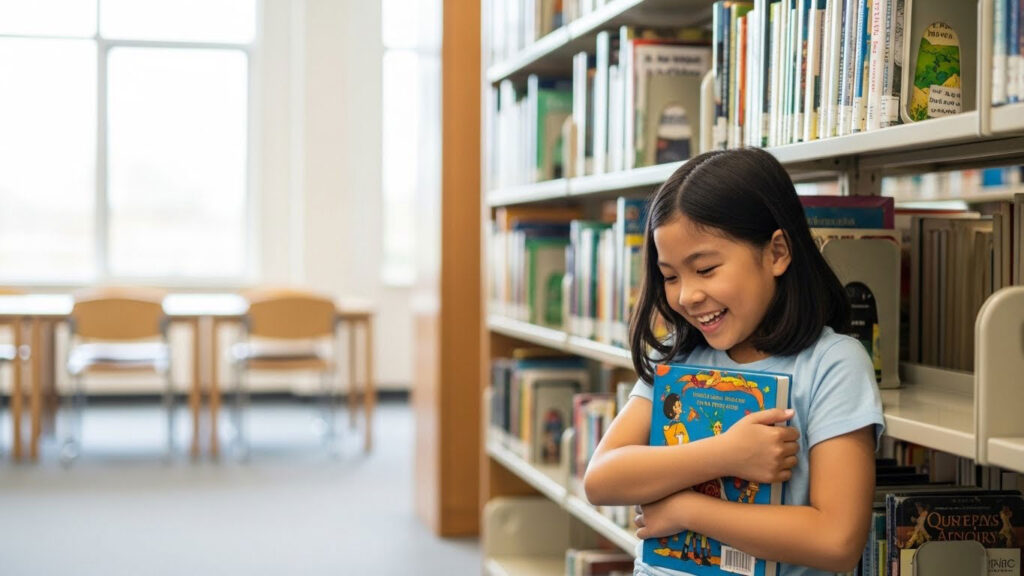 Seorang murid kecil memilih buku di perpustakaan sekolah dengan wajah gembira.