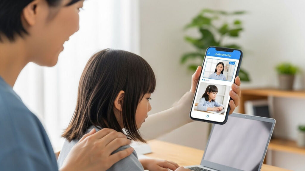 Ibu bapa memantau kemajuan anak melalui telefon ketika anak belajar menggunakan laptop.