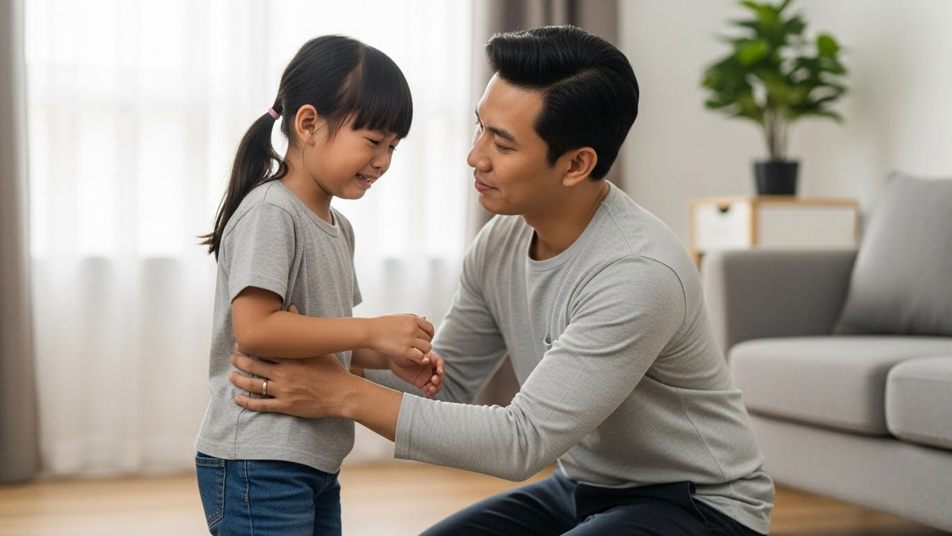 Ibu bapa memeluk anak kecil yang sedang menangis dengan tenang di ruang tamu rumah.