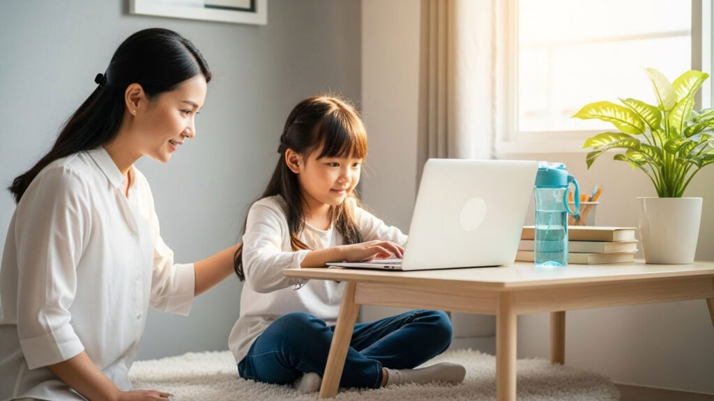Anak belajar online di sudut belajar rumah yang selesa dengan ibu bapa memerhati dari dekat.