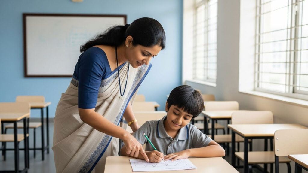 Guru membimbing murid dengan menunjukkan satu bahagian tugasan sahaja dan murid mula menulis dengan yakin.