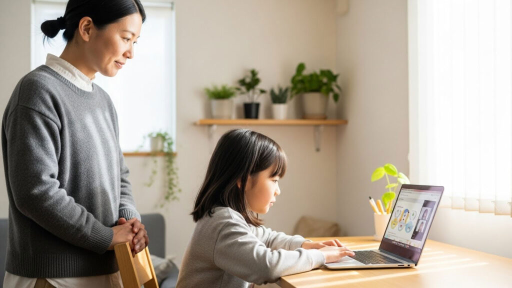 Ibu bapa memerhati anak belajar membaca online dari tepi dengan tenang.