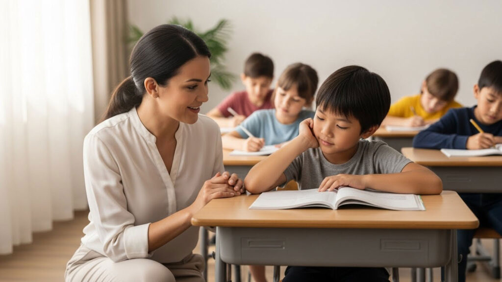 Guru mencangkung di sisi murid dan memberi bimbingan ringkas dengan tenang tanpa mengganggu kelas.