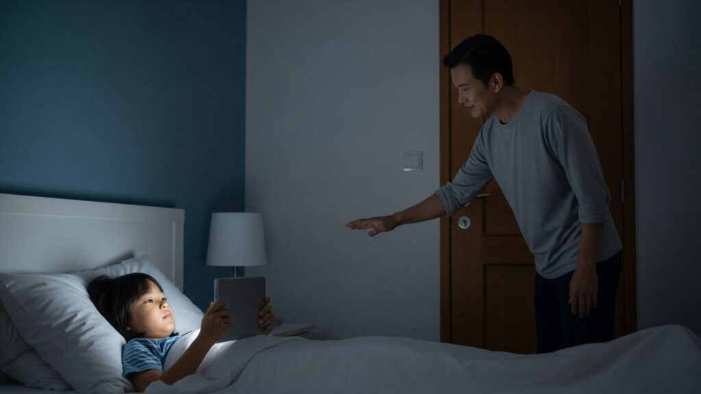 Anak baring di katil memegang tablet pada waktu malam, ibu bapa berada di pintu bilik.