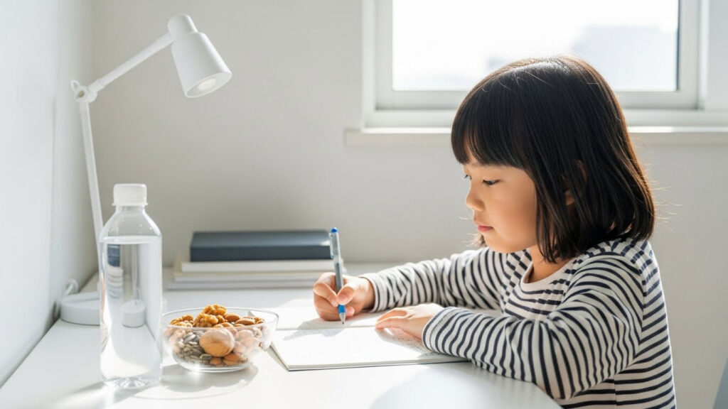 Mangkuk kacang dan biji-bijian di meja belajar sementara anak membuat aktiviti pembelajaran dengan tenang.