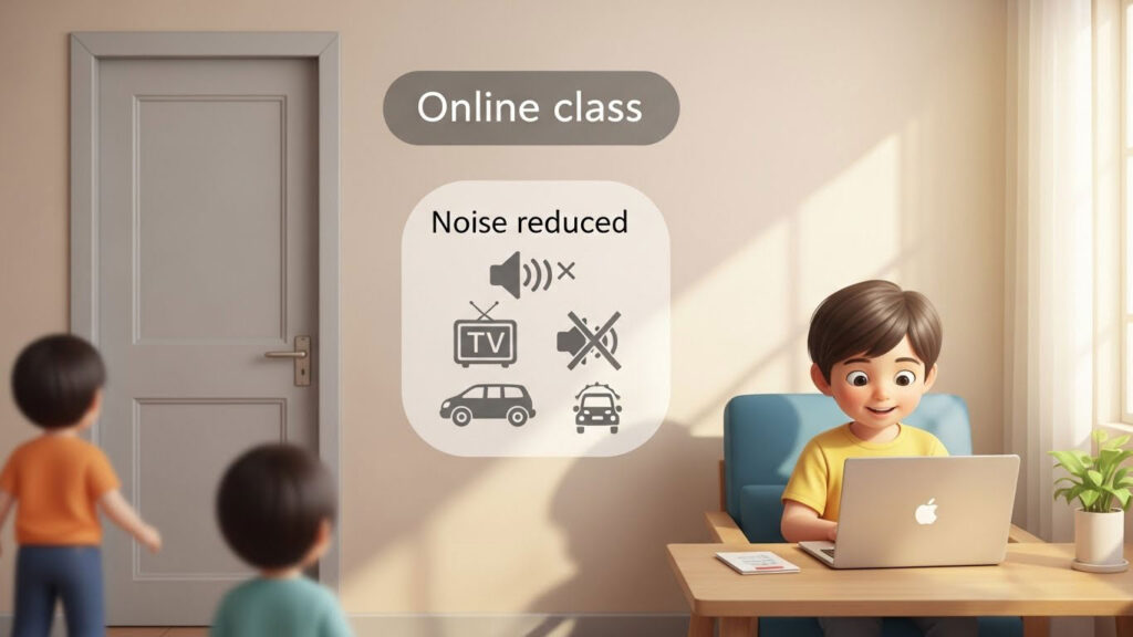 Kanak-kanak belajar online dalam bilik yang tenang dengan pintu tertutup dan suasana kemas.