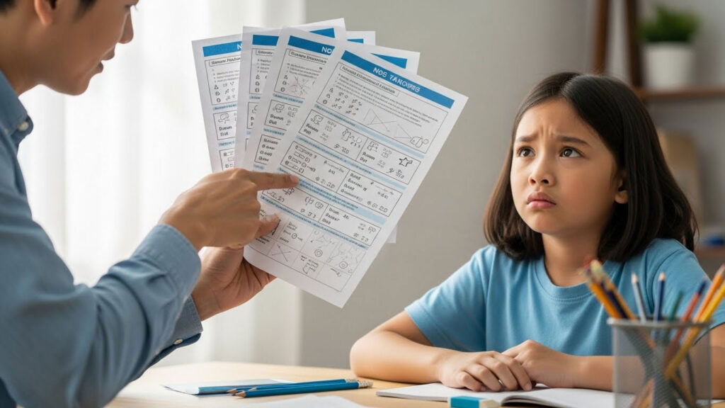 Ibu bapa menunjukkan banyak tugasan serentak dan anak 6–7 tahun kelihatan bingung di meja belajar.