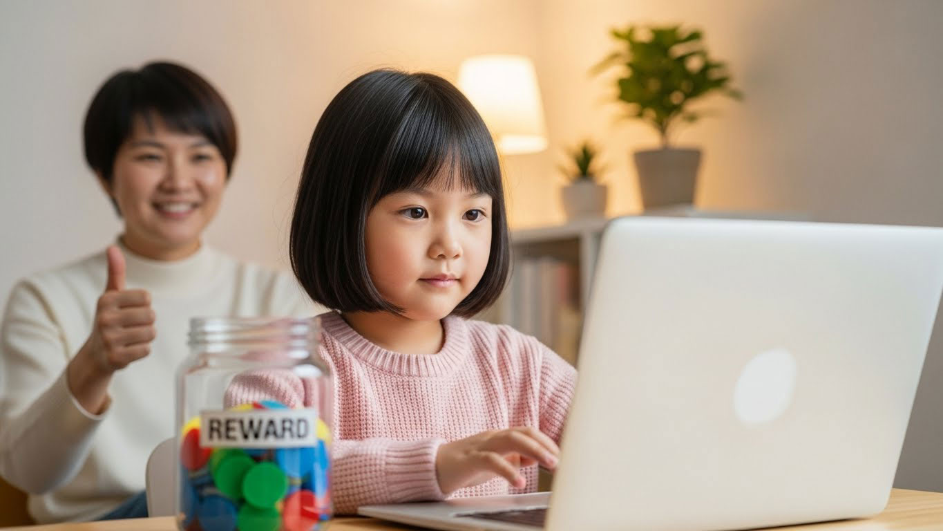 Balang token ganjaran di atas meja semasa anak mengikuti kelas online dengan tenang.