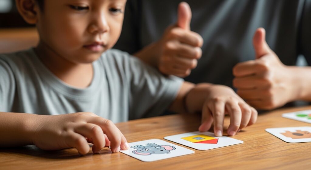 Anak Asia padankan kad gambar yang sama, ibu bapa beri isyarat pujian kecil.