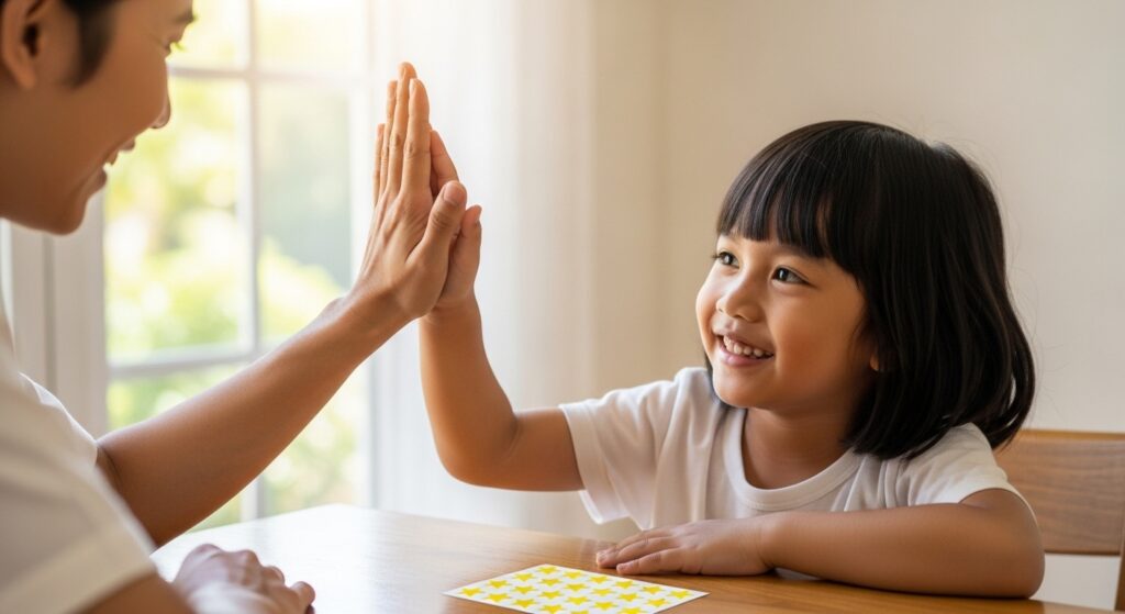 Anak Asia gembira dapat high-five dan sticker bintang kosong (tanpa tulisan) selepas tamat rutin 10 minit.