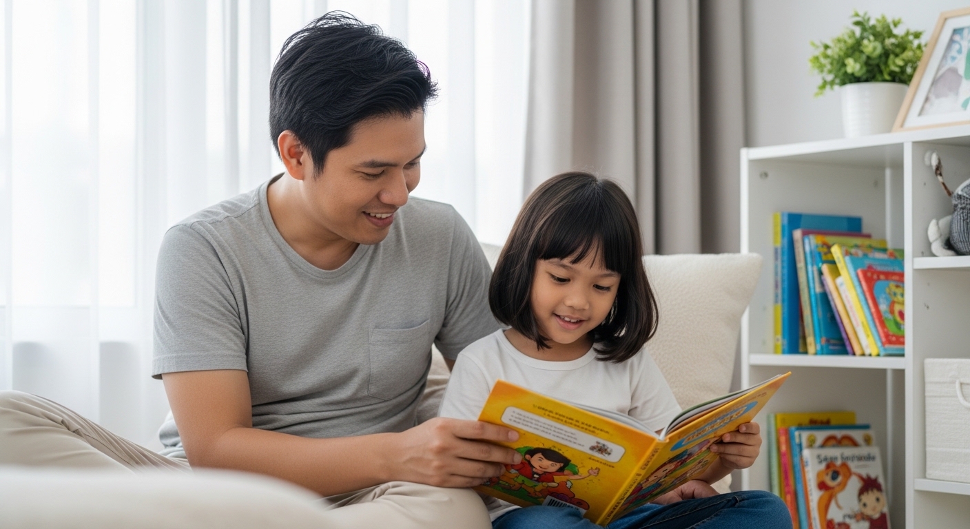 Seorang ibu atau bapa Asia di Malaysia menemani anak membaca buku cerita dalam suasana rumah yang selesa.