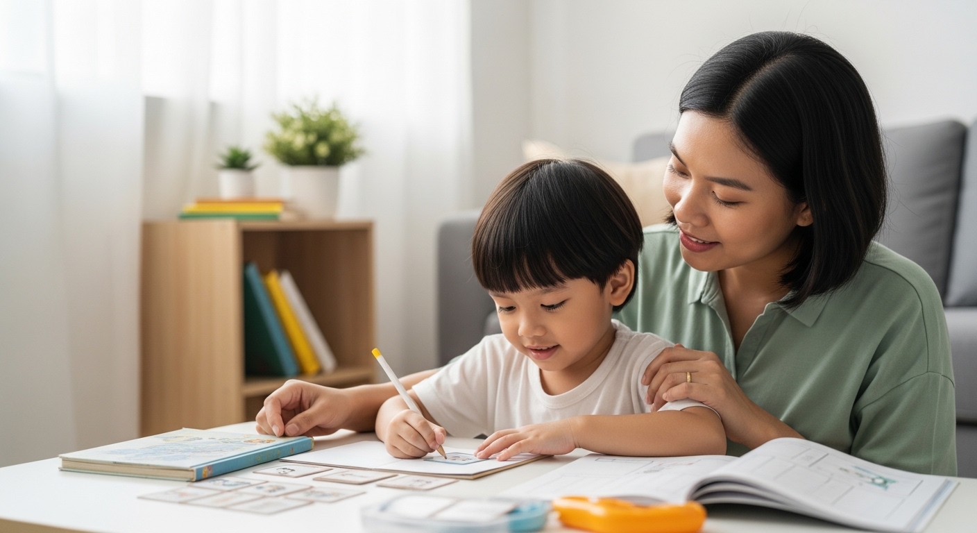 Ibu atau bapa Asia di Malaysia membimbing anak belajar dalam sesi pendek yang fokus di rumah.