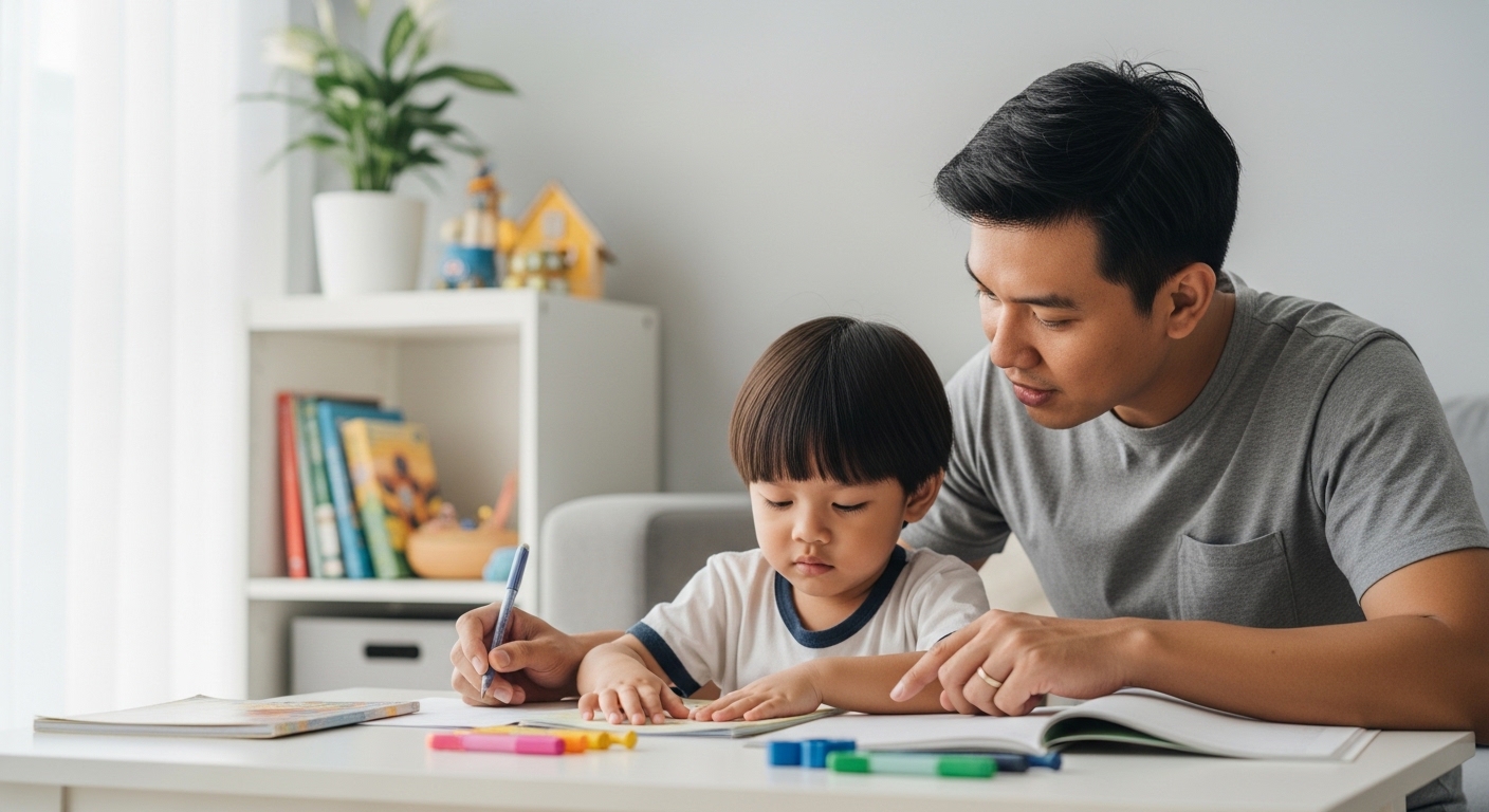 Ibu atau bapa Asia di Malaysia membimbing anak belajar secara aktif dalam suasana rumah yang selesa dan teratur.