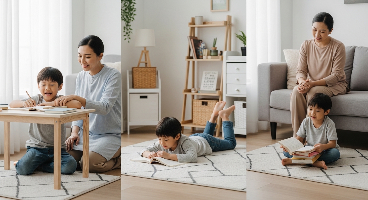 Seorang kanak-kanak Asia mencuba beberapa posisi belajar di rumah dengan pemantauan ibu atau bapa.