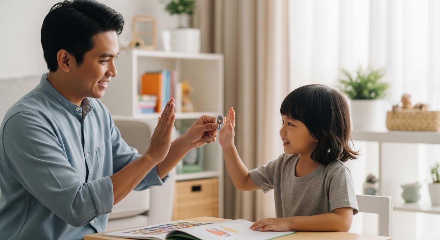 Ibu atau bapa Asia di Malaysia memberi reward kecil kepada anak selepas sesi belajar di rumah.