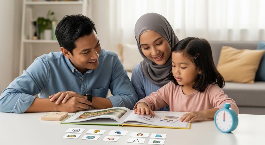 Keluarga Asia di sudut membaca rumah yang kemas, buku bergambar dan kad aktiviti di atas meja, suasana positif.