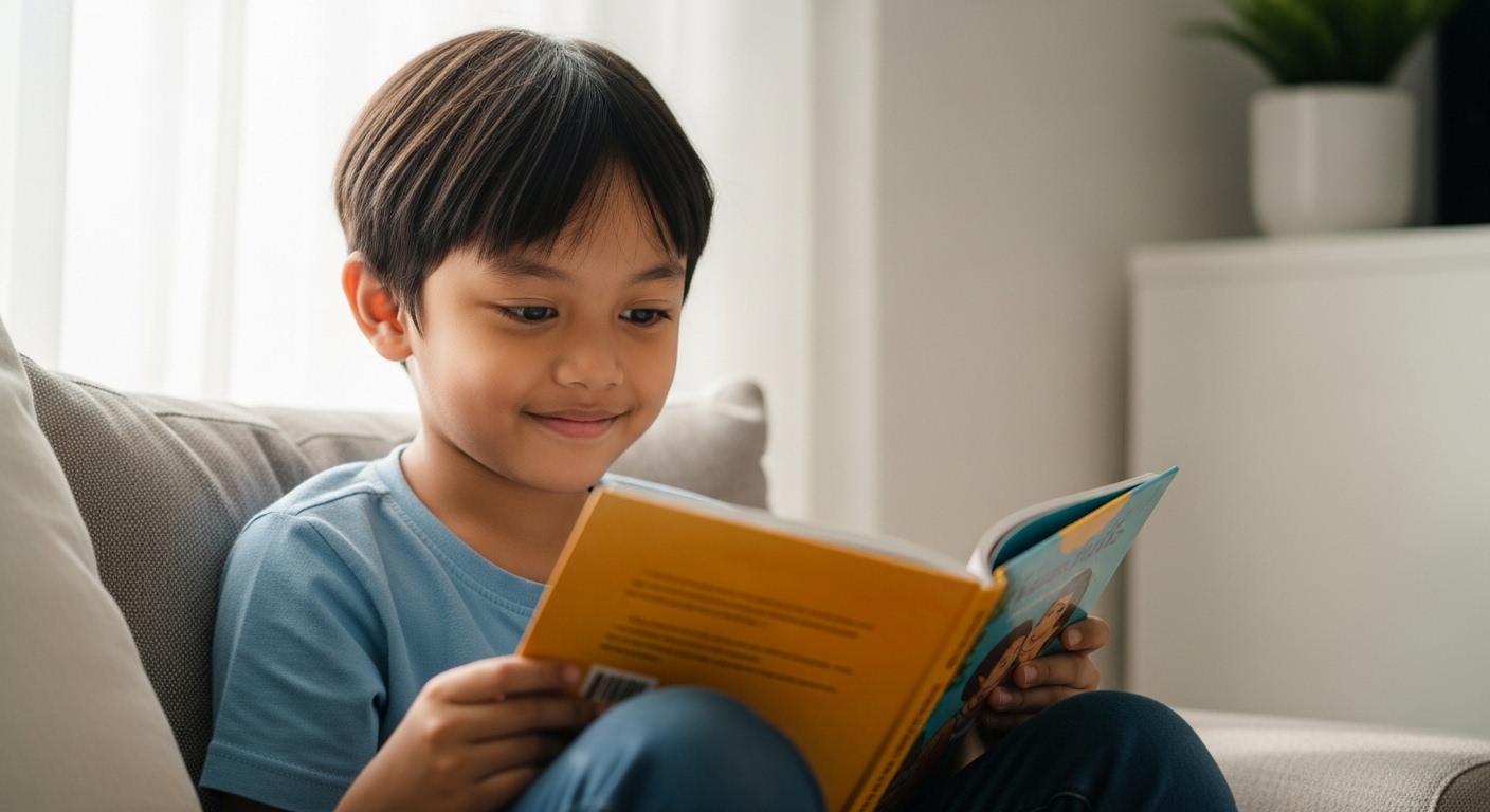 Anak Asia memegang buku bergambar dengan senyuman kecil di sudut membaca rumah yang selesa.