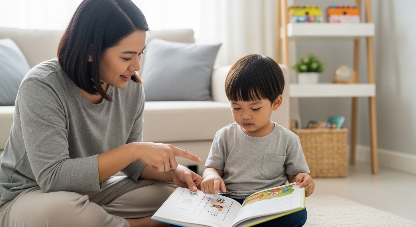 Ibu atau bapa Asia di Malaysia membimbing anak membaca sambil melakukan tugasan kecil dalam suasana rumah yang selesa.