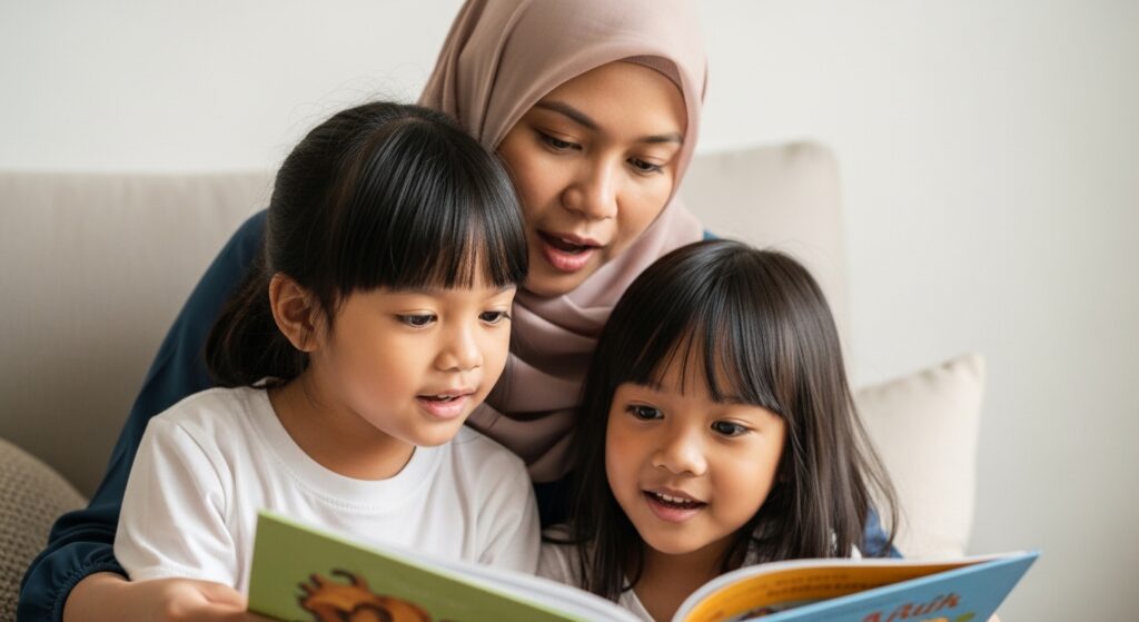 Ibu bapa Asia membaca buku bergambar dengan anak, anak nampak teruja dan ingin sambung cerita.