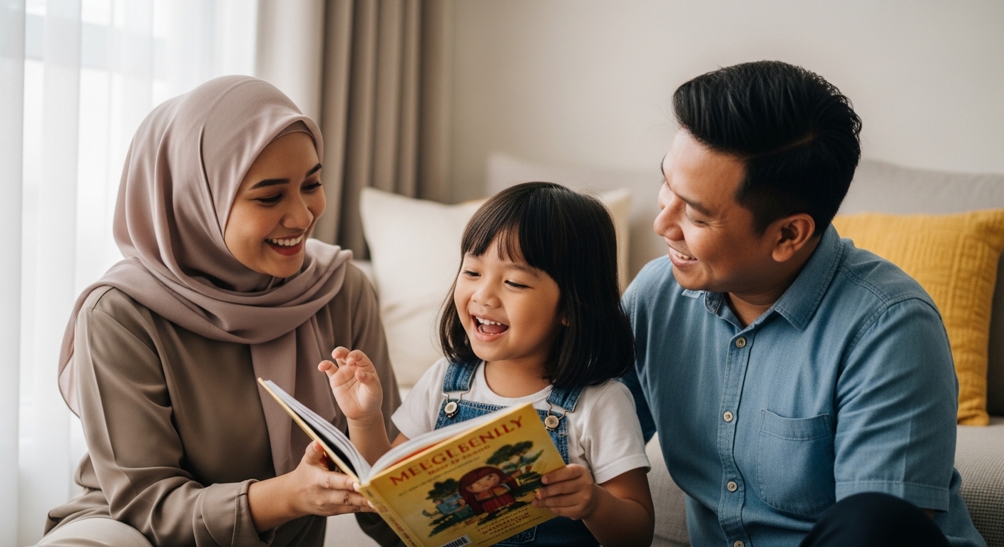 Keluarga Asia membaca bersama di sudut membaca rumah yang selesa, suasana ceria dan tenang.