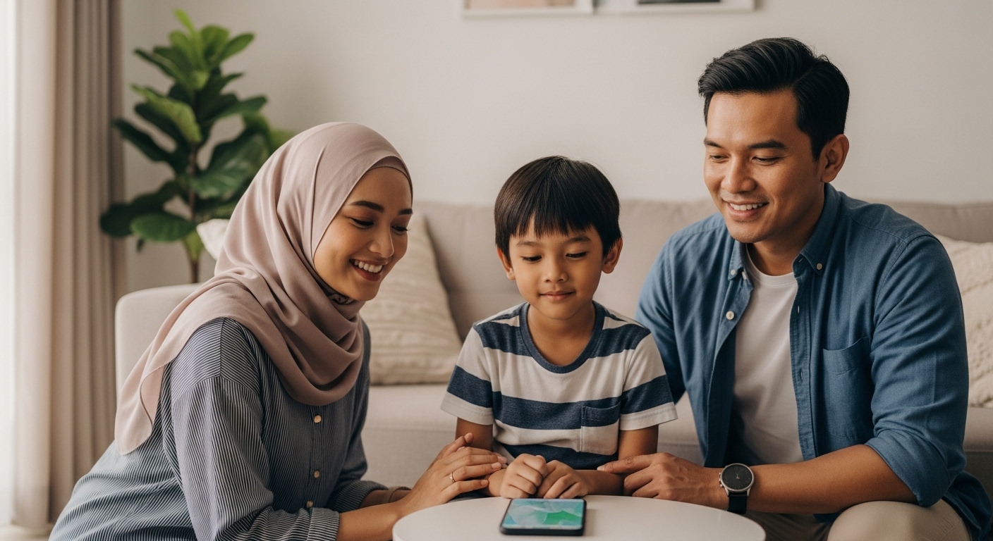 Keluarga Asia di ruang tamu, ibu bapa berbincang dengan anak sambil telefon diletakkan tepi.